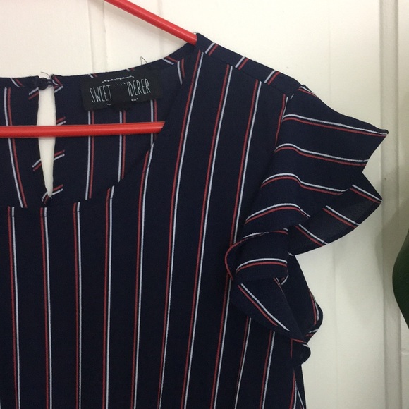 Sweet Wanderer Navy Pinstripe Flutter Sleeve Top - Picture 3 of 11